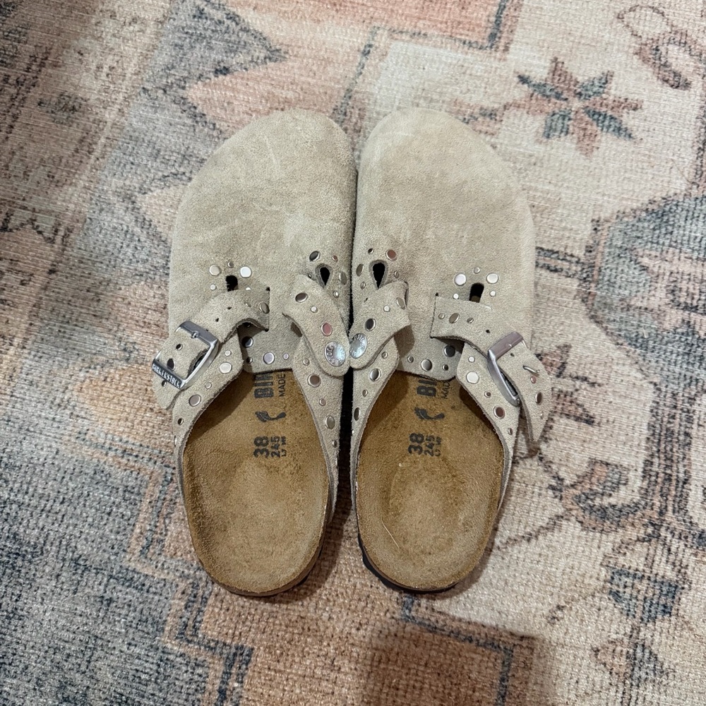 Birkenstock Beige Suede Slip-On Clog with Studded Strap